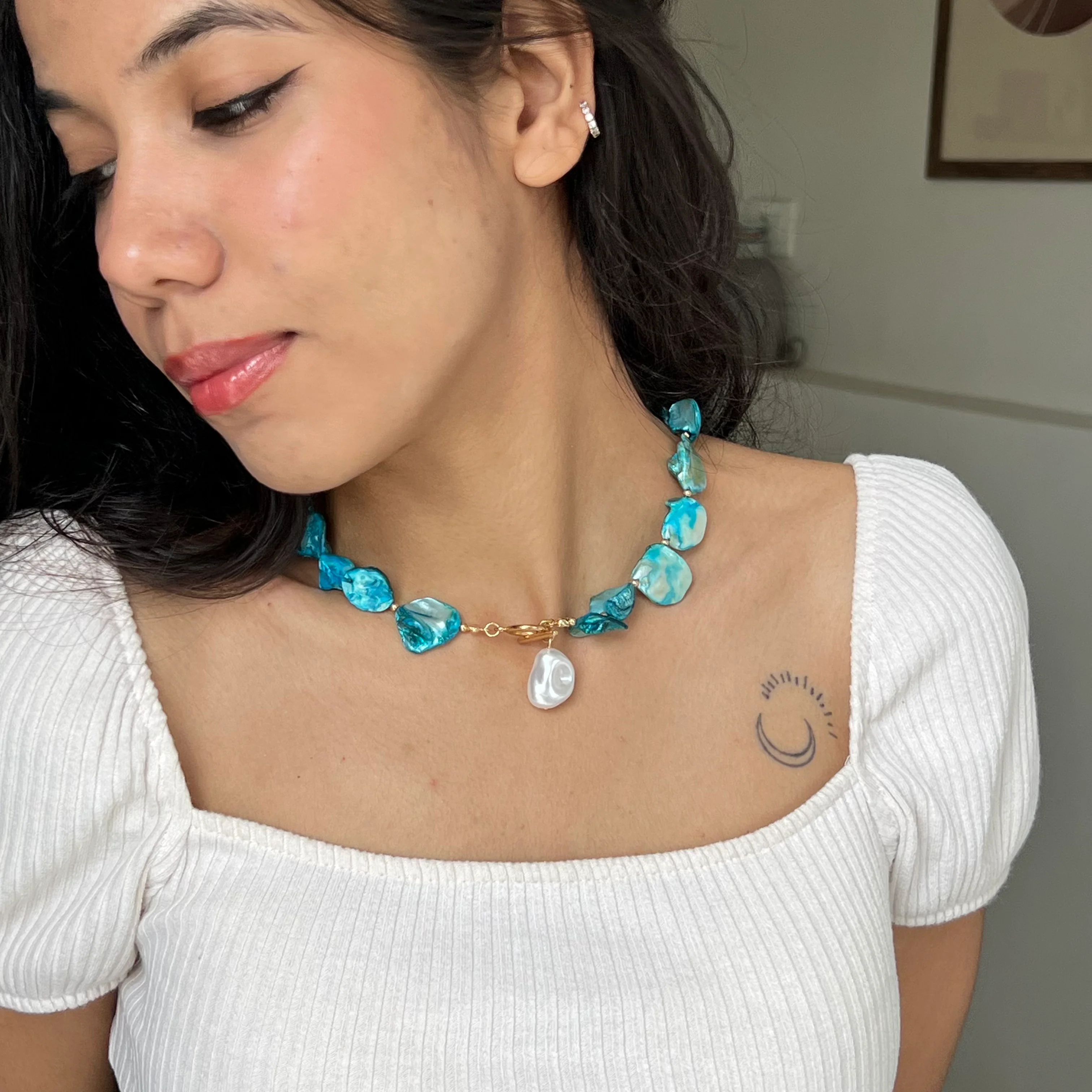 Blue Shell & Pearl Drop Necklace - Image 5