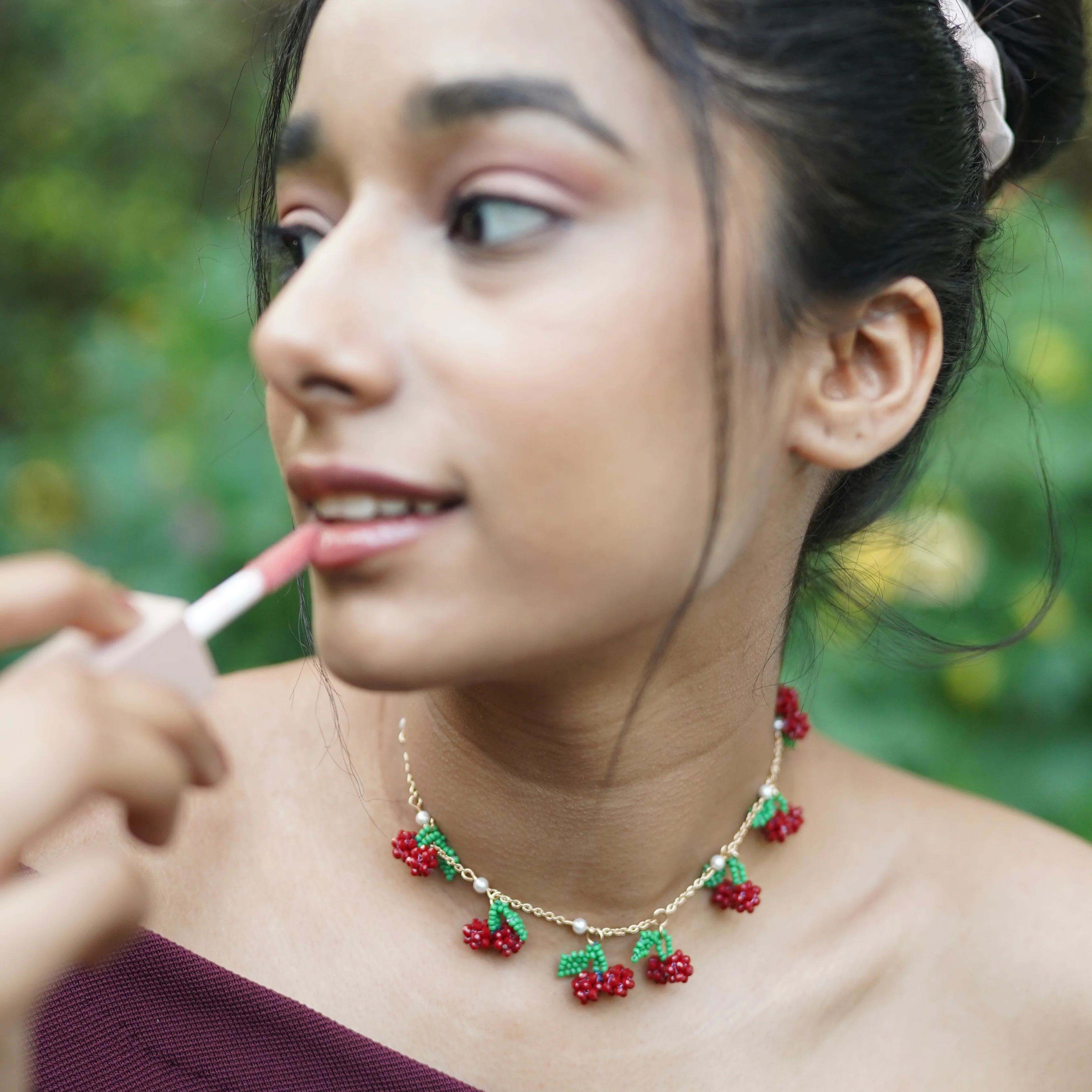 Cherry Pearl Handmade Beaded Necklace - Image 3