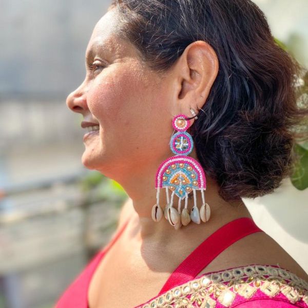 Hawa Mahal Pink Beaded Shell Earrings - Image 3