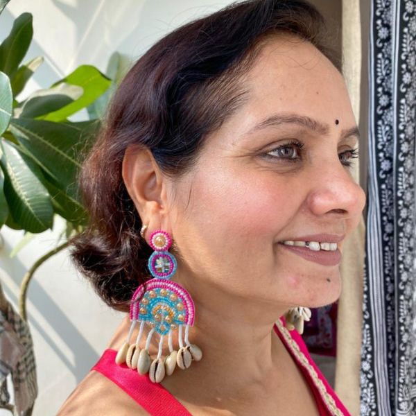 Hawa Mahal Pink Beaded Shell Earrings - Image 4