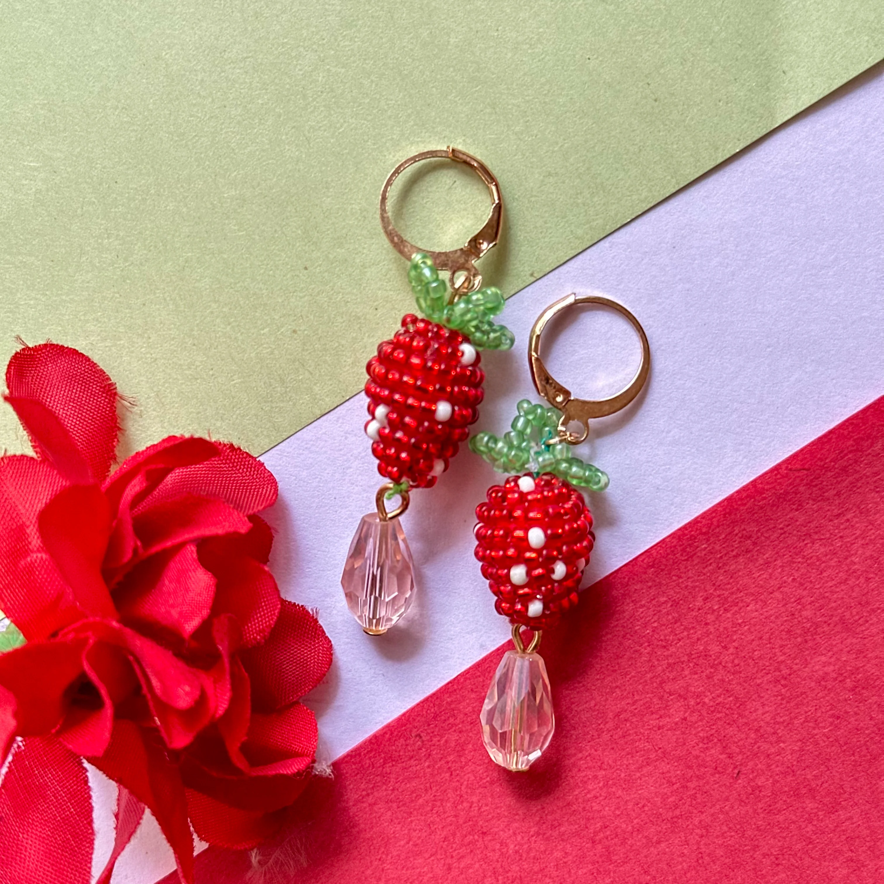 Red Strawberry Handmade Beaded Drops - Image 4